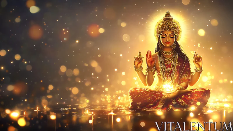 Hindu goddess figure in lotus pose amid golden lights.