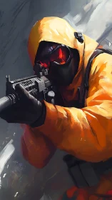 Hazmat sniper poised in vivid orange tactical gear.