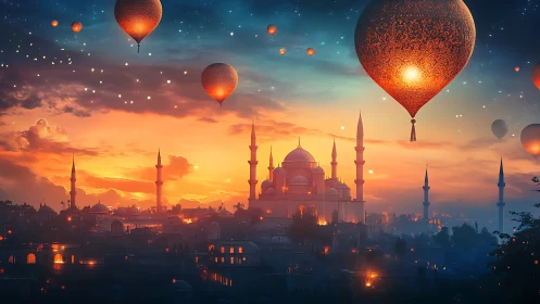 Sunset mosque skyline under glowing patterned balloons.