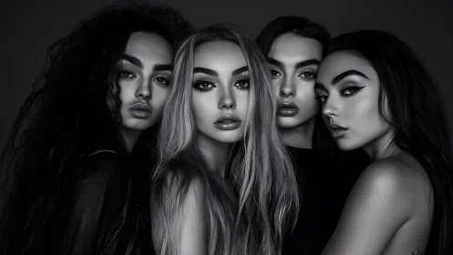 Four Stylish Women in Dramatic Black and White Portrait.