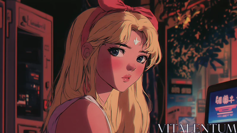 Anime girl in neon-lit street scene rendered with warm rim light