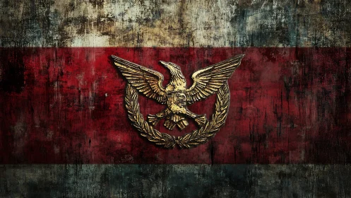 Heraldic eagle emblem on distressed tricolor banner.