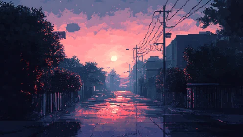Pixel art urban street captures reflective sunset after rain