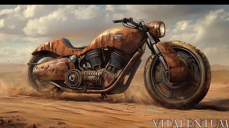 Rust-colored desert motorcycle with retro-futuristic design.