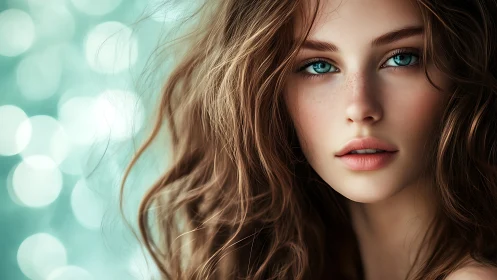 Portrait of teal-eyed woman in soft bokeh glow.