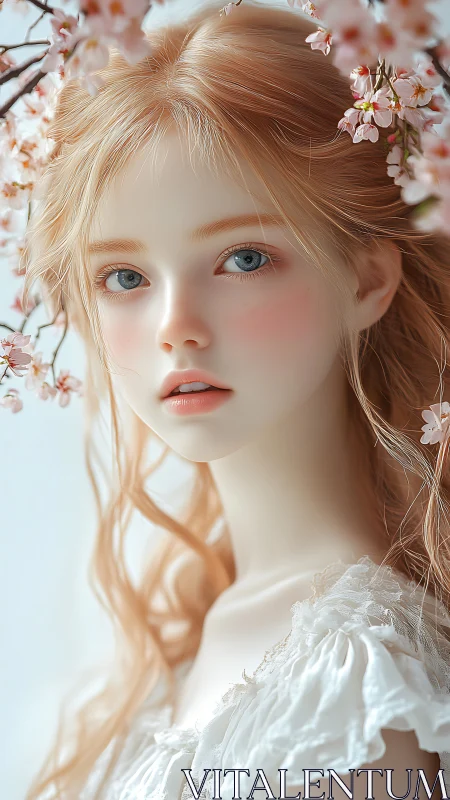 Ethereal anime portrait with cherry blossoms and soft light.