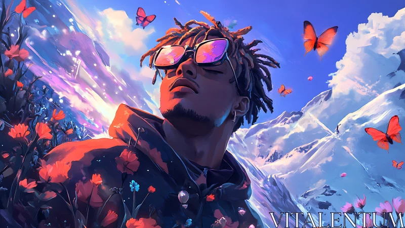 Vibrant cel-shaded portrait contrasts alpine peaks with neon flora