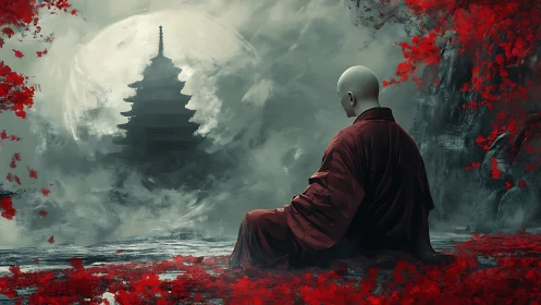 Monk in crimson robes gazing toward mist-veiled moon temple.
