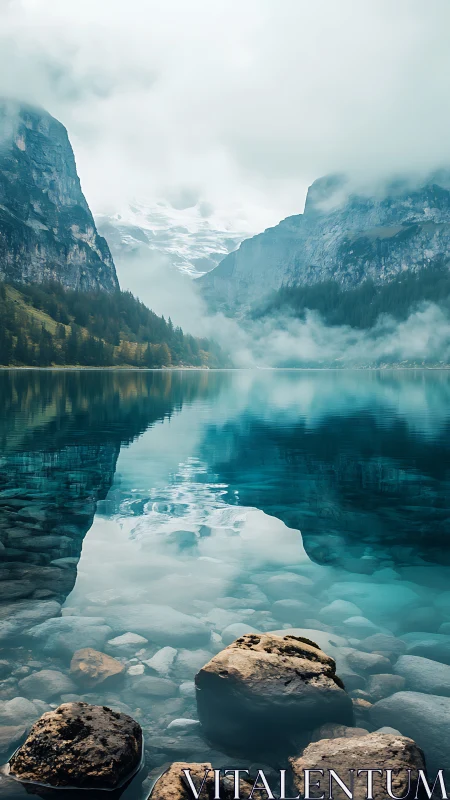 Glacial valley lake with mirror-symmetry reflection and fog banks.