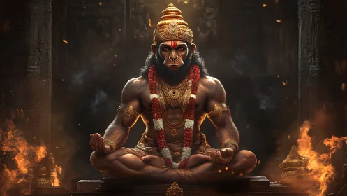 Divine simian warrior meditates amid sacred temple fire.