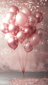 Pink metallic balloons float with glitter bokeh backdrop.