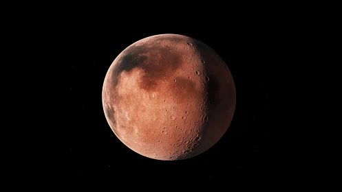 Rust-red lunar world drifting quietly in deep space.