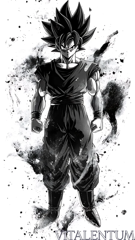 Monochrome anime warrior in dynamic ink splash aura.