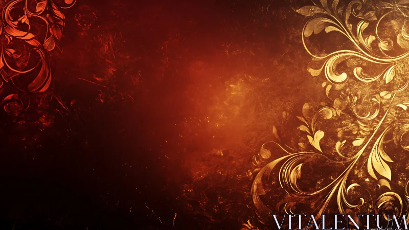 Golden baroque flourishes on textured crimson gradient field.