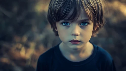 Child with striking blue eyes gazes into distance.