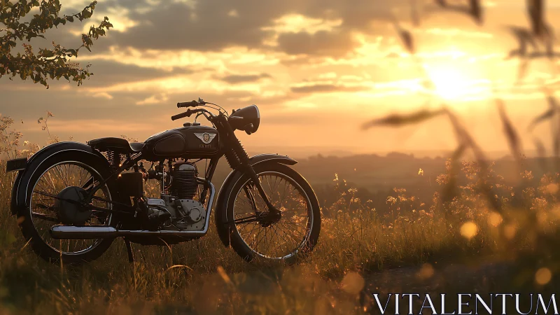Vintage single-cylinder motorcycle at sunset in rural meadow