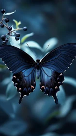 Butterfly rests near berries against softly blurred foliage
