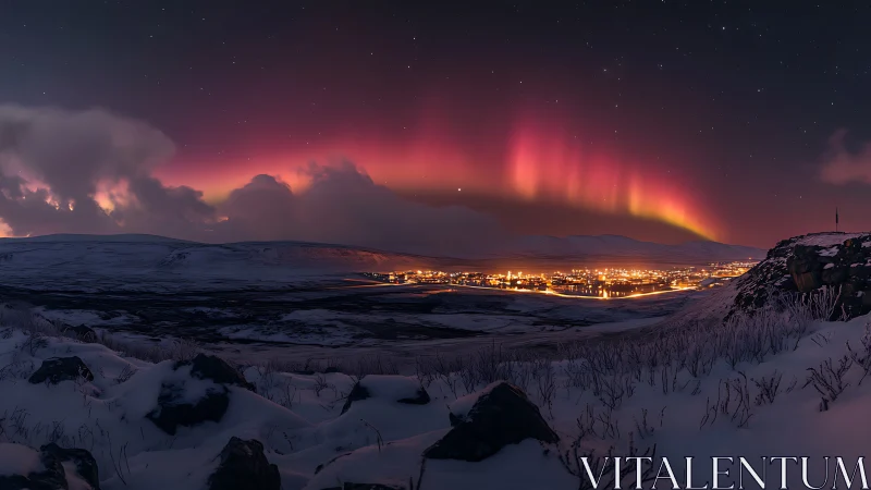 Cozy winter town glowing beneath gentle pink aurora lights.