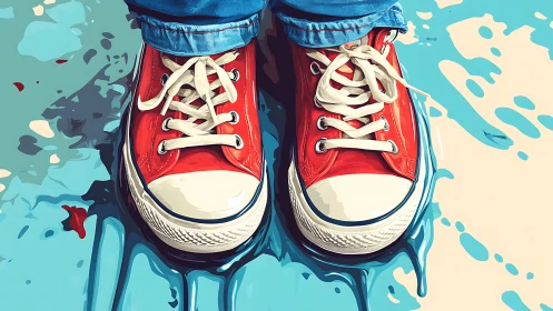 Red canvas sneakers on wet reflective blue paint puddle