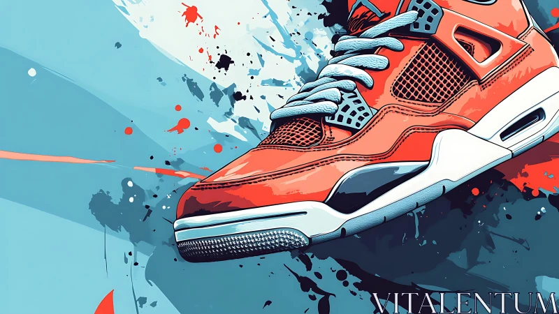Red athletic sneaker illustration with abstract paint splashes.