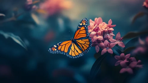 Shallow‑depth macro of monarch butterfly in midflight beside clustered blossoms