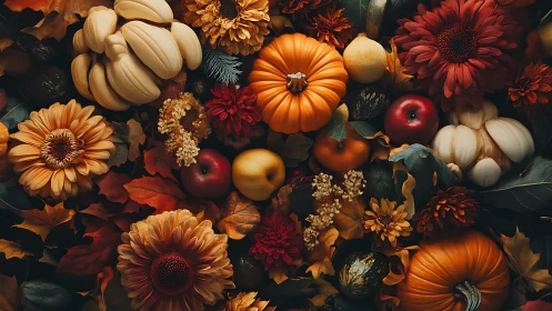 Autumn pumpkins, flowers, apples and leaves in dense arrangement.