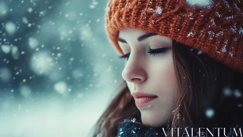 Pensive Woman in Orange Knit Hat Amid Falling Snow, Photorealistic.