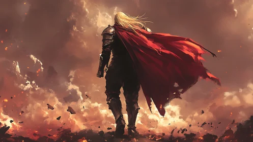 Lone armored hero strides through glowing embers and ash.