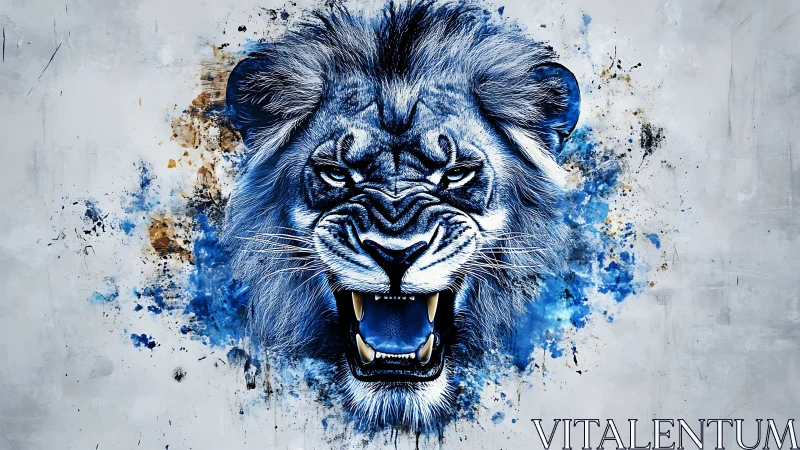Blue lion head roars within splattered abstract backdrop