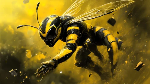 Armored humanoid wasp in dynamic yellow motion field