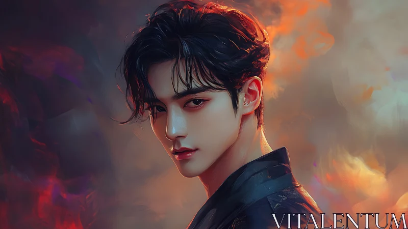 Fiery-haired youth emerges from swirling ethereal flames.