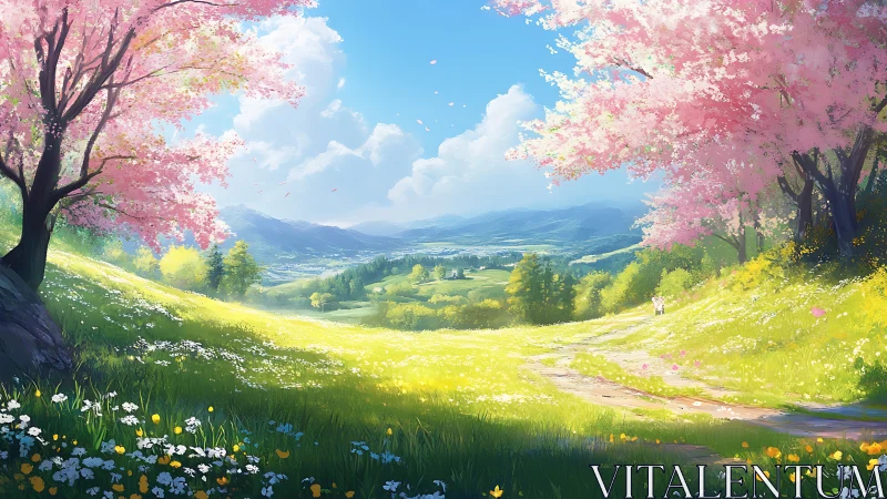 Sunlit spring valley stroll beneath soft cherry blossoms.