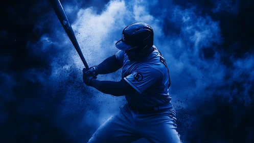 Electric blue baseball swing frozen in dramatic motion.