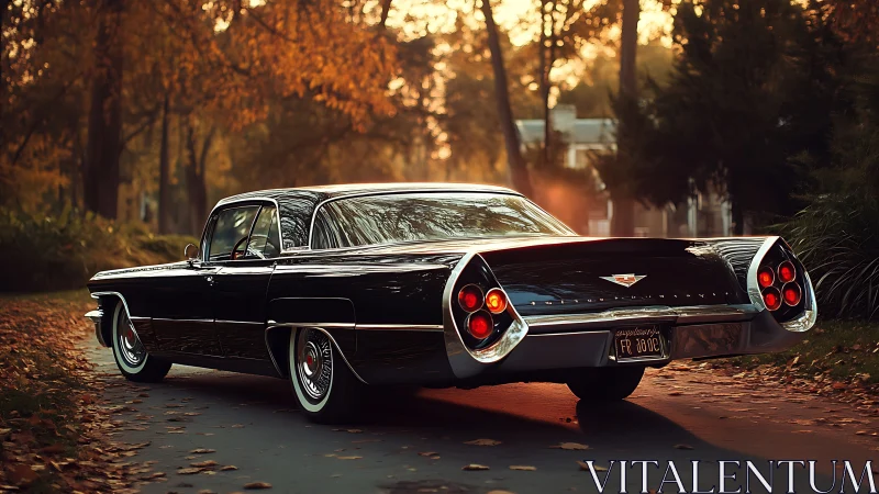 Classic black Cadillac glides through autumn suburb street at dusk