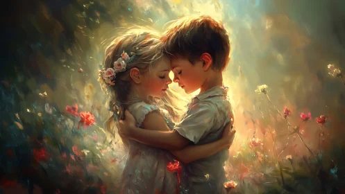 Two children embrace in golden floral light.