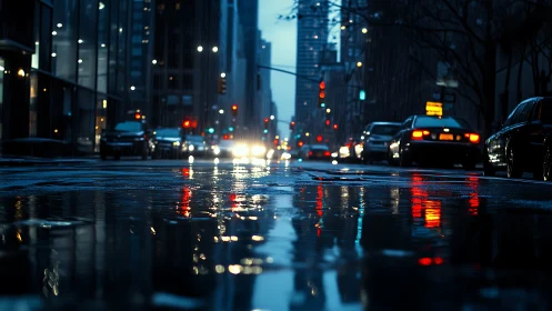 Puddled asphalt turns city headlights into drifting neon echoes