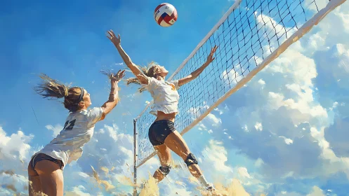 Two women jump at a beach volleyball net under blue sky