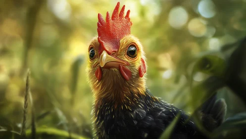 Rooster Portrait with Red Comb Against Green Background.