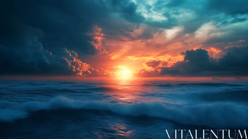 Sunset light cuts through dense clouds above turbulent ocean