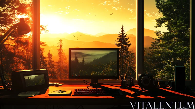 Desktop workstation faces forested mountains at sunset
