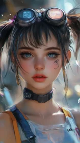 Cyberpunk mechanic girl portrait with goggles and collar