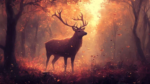 Red deer stag in backlit autumn forest environment.