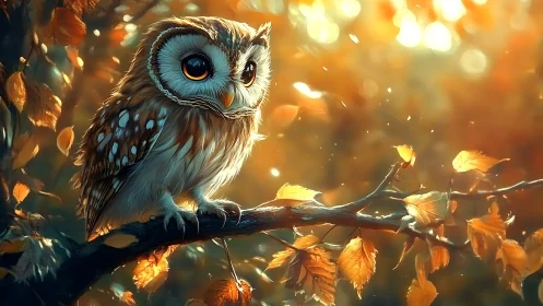 Whimsical Owl on Autumn Branch in Warm, Dreamy Art Style.