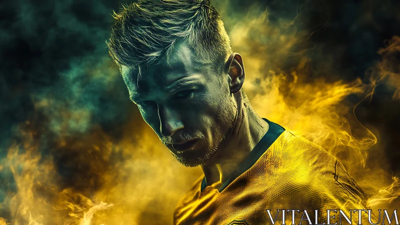 Male athlete in yellow jersey amid dramatic yellow smoke.