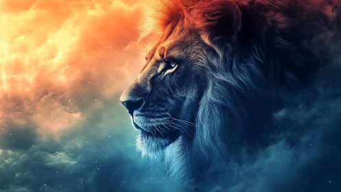 Majestic lion profile in dual-tone cosmic cloudscape.