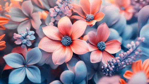Soft Floral Gradient: Pink and Blue Blooms in Ethereal Focus.