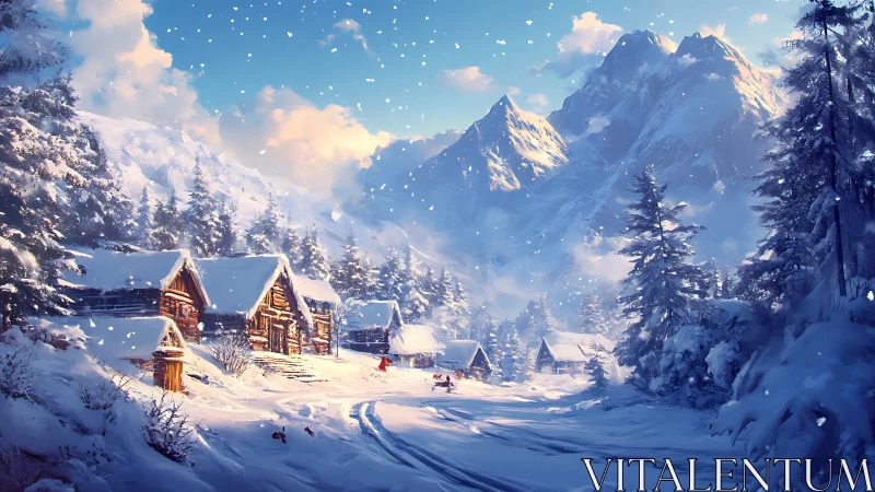 Snowy mountain village glows under crisp winter sunrise.