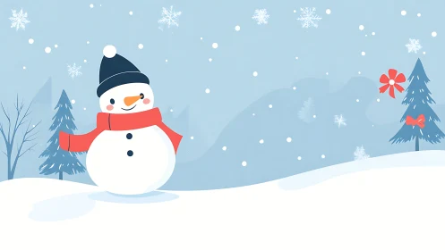 Smiling snowman in minimal winter landscape illustration.