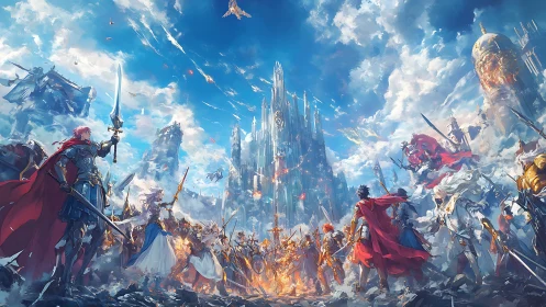 Epic high-fantasy armies clash before radiant sky citadel