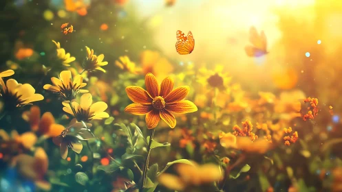 Butterflies Dancing Through Golden Wildflower Field at Sunset.